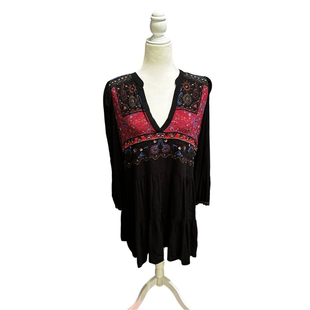 Desigual Women’s XL Black Embroidered Boho Babydoll Dress Tunic V Neck Long